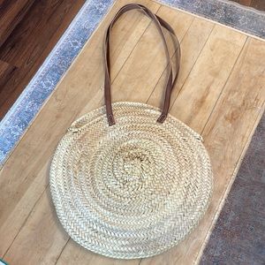 Moroccan Round Straw Tote Bag with Leather Straps